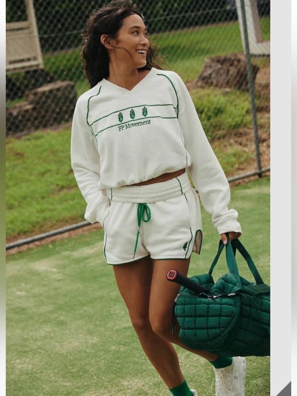 Free People Movement Seeing Double White & Green Sweatshirt Shorts Matching Set